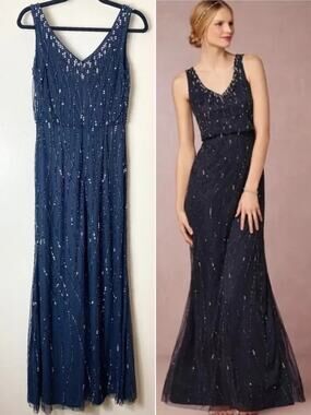 Adrianna Papell Brooklyn Dress Navy Sequin Beaded Wedding Guest Bridesmaid Gown